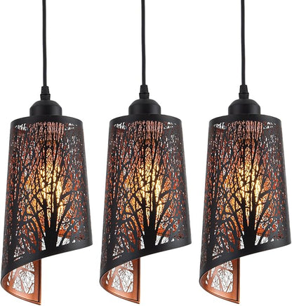 Industrial Black Pendant Light Fixture Vintage Mini Black Pendant Lighting with Gold Finish Rustic Hollow-Carved Small Pendant Light for Kitchen Island, Dining Room, Bedroom, 3 Pack