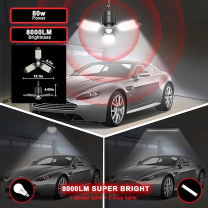 Plug in Garage Light Motion Sensor, 80W 8000LM Motion Sensor Lights Indoor, Deformable LED Shop Motion Activated Bulb for Basement, Warehouse, Barn(1 Pack)