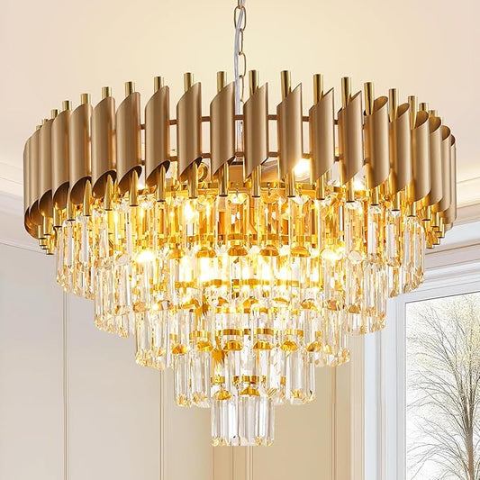 Gold Crystal Chandelier 24" Modern Living Room Chandeliers, K9 Crystal Ceiling Lights Fixtures, Round 5 Tiers Pendant Lighting Large Chandelier for Entryway Dining Room Staircase