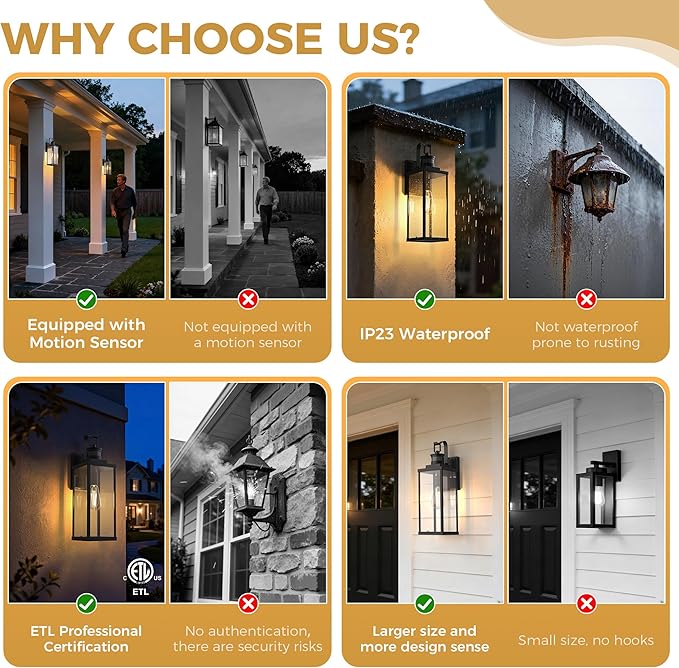 DORESshop Large Size Motion Sensor Outdoor Wall Lights, 18 Inch Matte Black Waterproof Anti-Rust Outdoor Light Fixtures Wall Mount with Clear Glass Shade for Porch, Garage, ETL Listed, 2 Pack