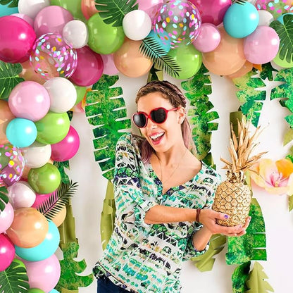 Amandir 151PCS Tropical Balloons Arch Garland Kit, Green Hot Pink Confetti Latex Balloons Palm Leaves for Tropical Hawaii Flamingo Birthday Baby Shower Wedding Party Decorations Supplies