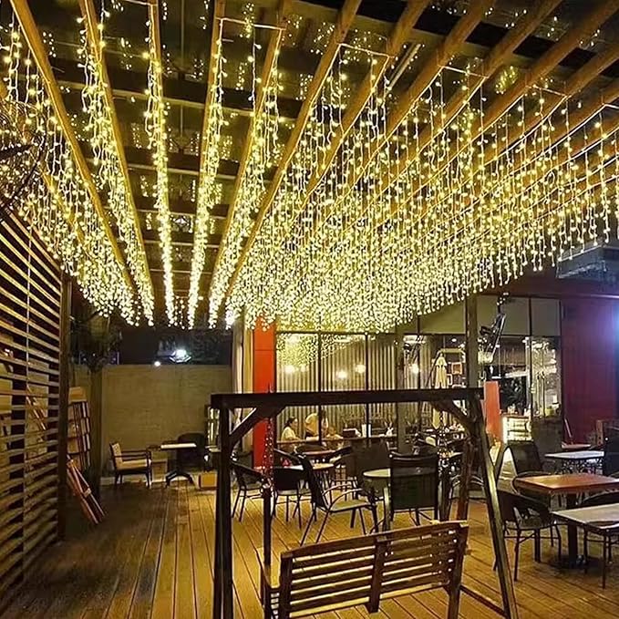 LED Ceiling Icicle Lights, 16.4FT 112 LEDs 8 Modes Twinkle Christmas Hanging Fairy String Horizontal Curtain Lights for Parties Mall Patio Yard Indoor Outdoor Decoration Warm White, 5M04
