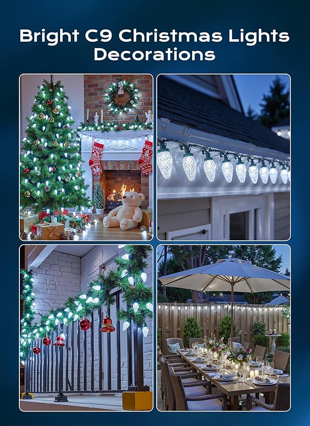 Minetom C9 Christmas Lights Outdoor, 82 FT 100 LED Connectable C9 String Lights with 8 Modes and Timer Extendable Xmas Tree Patio Roofline Garden Yard Holiday Party Indoor Outdoor Decoration, White