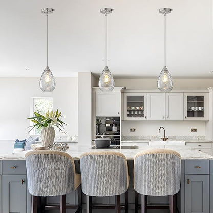 Glass Pendant Lights Kitchen Island, 1-Light Modern Brushed Nickel Pendant Light Fixtures with Hammered Glass and Rods, Small Hanging Light for Kitchen Sink Dining Room Bathroom