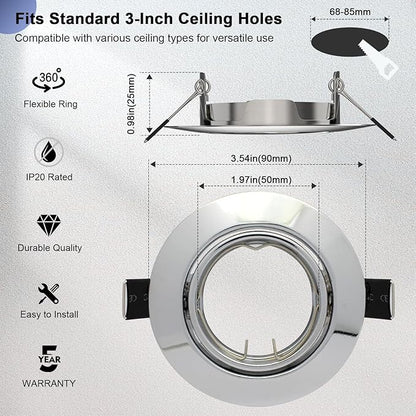 6 Pack Recessed Ceiling Light Mounting Frame, Compatible with MR16 GU5.3 Bulbs, Round Fixture Holders Adjustable for Commercial Cabinet, Polished Chrome