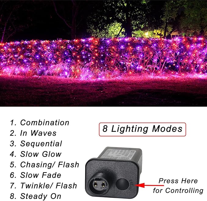 Halloween Net Lights, 510 LED Large Outdoor Net Mesh Lights for Bushes 28x5ft, 8 Modes Waterproof Twinkle String Light Connectable for Hedge Yard Decor, Orange and Purple