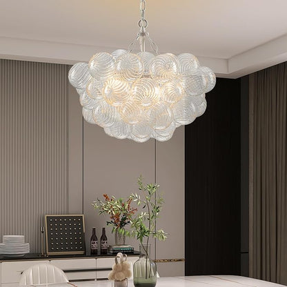 Hand Blown Glass Bubble Ball Chandelier White Finish 20" Small Pendant Lights Art Deco Cluster Swirled Ribbed Globe Blown Glass Chandeliers for Dining Room Bathroom Entry Bedroom