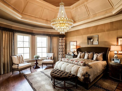 TOCHIC French Empire Crystal Chandelier 9 Lights Modern Gold Chandelier, Luxury High Ceiling Light Fixture for Dining Living Room, Bedroom, Kitchen Island, Foyer, Hallway, 28.5" W x 43.7" H