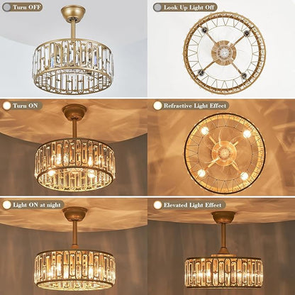 18.2" Gold Caged Ceiling Fans with Lights Remote Crystal Fandelier 4-Lights Flush Mount Fan Light Modern Enclosed Chandelier Fan with 6 Speeds for Bedroom Living Room Kitchen Dining Room Hallway