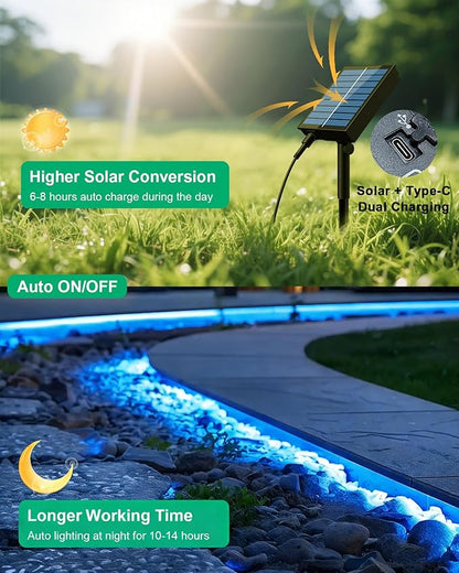 Upgrade Solar Led Strip Lights Outdoor, 20ft Solar Rope Lights Self-Adhesive Waterproof, 8 Mode with Remote Timer and Auto On/Off, Perfect for Deck, Patio, Poolside, Camping Decor, Blue