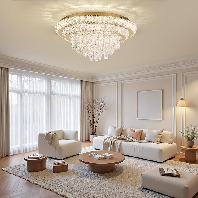 24 inch Crystal Gold Ceiling-Light Flush Mount With Remote Control and APP, 3CCT Dimmable & Brightness Adjustable, Modern Crystal Raindrop Chandeliers for Bedroom Hallway Dinning Room Living Room