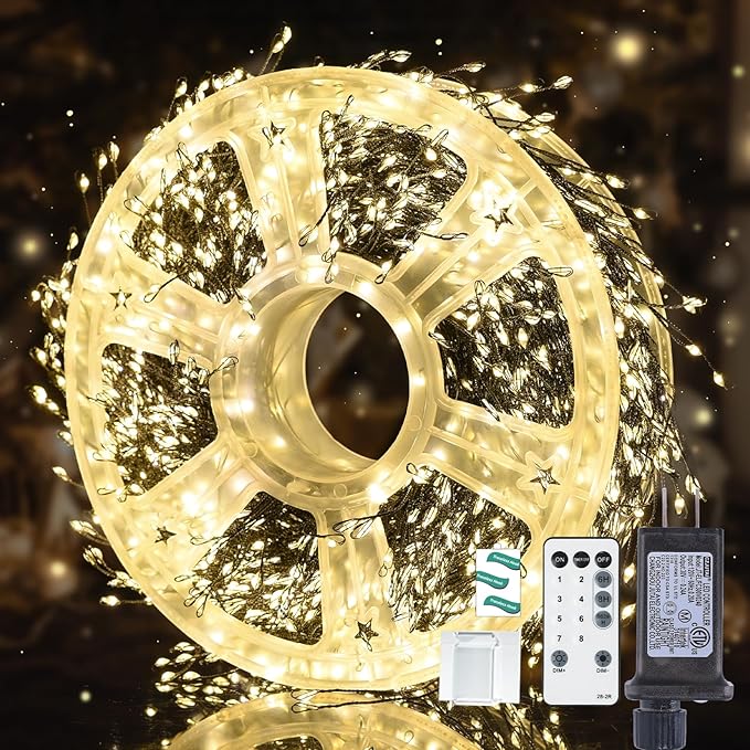 Fairy Lights Plug in 130Ft 2000LED Warm Christmas Wreath Twinkle Lights with Timer Remote Waterproof Firecracker Firefly Cluster String Light for Bedroom Graland Party Tree Decor Black Wire
