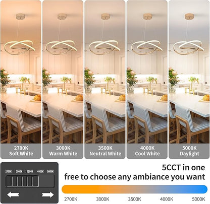Modern Chandelier Dimmable Pendant Light Fixture,5CCT/2700K/3000K/3500K/4000K/5000K,Adjustable Modern LED Chandeliers for Dining Room Kitchen Entryway Living Room Bedroom (Gold-5CCT, 20 Inches)
