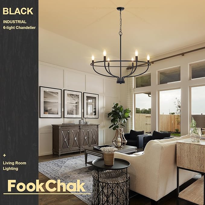 Black Dining Room Light Fixture, 6-Light Farmhouse Black Chandelier for Bedroom Metal Candle Chandeliers Hanging Lighting for Kitchen Living Room Entryway Foyer, 28.54in