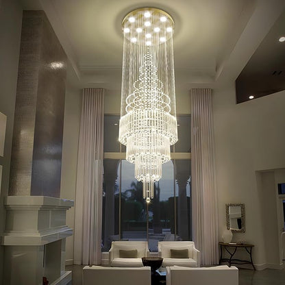 Flashing God D32''X H110'' Large Crystal Chandeliers for High Ceiling Modern Gold Raindrop Chandelier Stairway Chandelier Crystal Flush Mount Ceiling Light for Living Room Staircaes Foyer