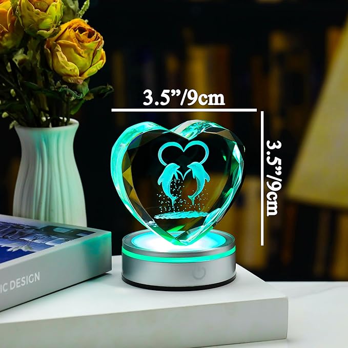 Qianwei Dolphin Gifts for Women 3D Crystal Heart - Laser Dolphin Decor Glass Animals Dolphin Gifts Figurines Statue Stuff for Room Decorations Dolphin Night Light