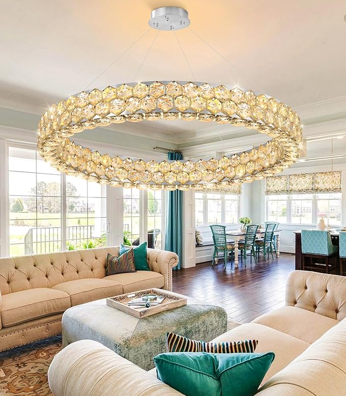 Modern Ring Chandelier, Crystal Chandeliers for Dining Room Round LED Ceiling Light Fixture for Living Room Bedroom Lighting Dimmable with Remote Ring Lights, 32inch Width