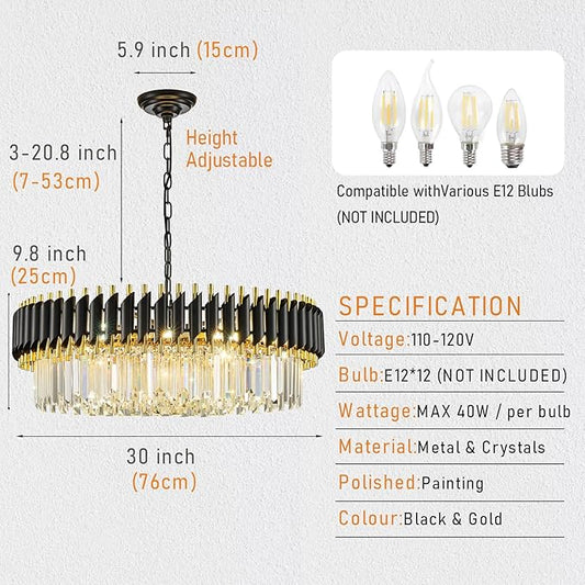 Black and Gold Crystal Chandelier 30'' K9 Crystal Luxury Round Pendant Lights Adjustable 6-Tier 12-Lights Large Modern Crystal Chandelier Light for Dining Room Living Room Foyer Entryway
