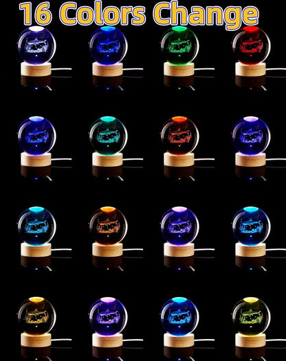 Shark Crystal Ball Night Light, 3.15 Inch K9 Crystal Ball with Wooden Base, 16 Colors, Remote Control, Art Deco Decor