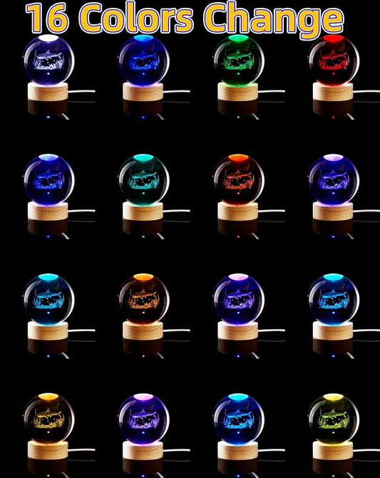 Shark Crystal Ball Night Light, 3.15 Inch K9 Crystal Ball with Wooden Base, 16 Colors, Remote Control, Art Deco Decor