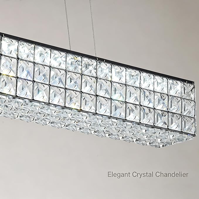 ykolupty 48inch Black Linear Crystal Chandelier, Modern Rectangular Crystal LED Pendant Light,Linear Crystal Chandelier for Dining Room Kitchen Island Living Room