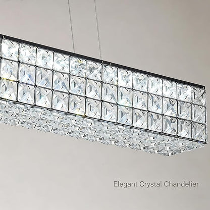 ykolupty 48inch Black Linear Crystal Chandelier, Modern Rectangular Crystal LED Pendant Light,Linear Crystal Chandelier for Dining Room Kitchen Island Living Room
