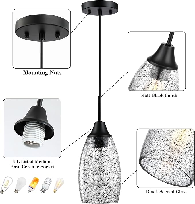 Viinew Black Seeded Glass Pendant Lamp Shade 4.72" Art Glass Chandeliers Cover Mini Oval Light Shade Replacement Shade Only Light Fixtures for Kitchen Island Pendant Light 1-Pack