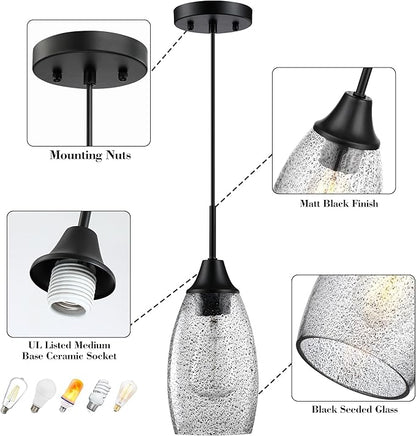 Viinew Black Seeded Glass Pendant Lamp Shade 4.72" Art Glass Chandeliers Cover Mini Oval Light Shade Replacement Shade Only Light Fixtures for Kitchen Island Pendant Light 1-Pack