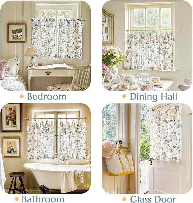jinchan Floral Linen Kitchen Curtains with Attached Valance 36 Inch Length Farmhouse Cafe Tier Curtains for Living Room Bathroom Rustic Half Window Light Filtering Small Drapes 2 Panels Blue