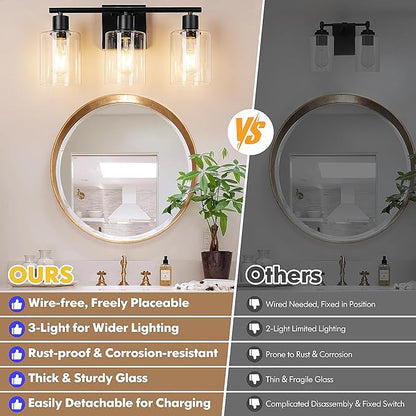 Battery Operated Wall Sconce, 3-Light Black Wireless Rechargeable Vanity Light Fixture with Remote & Bulbs, Dimmable Modern Indoor Non-Hardwired Wall Mounted Lamp for Bedroom, Living Room, Bathroom