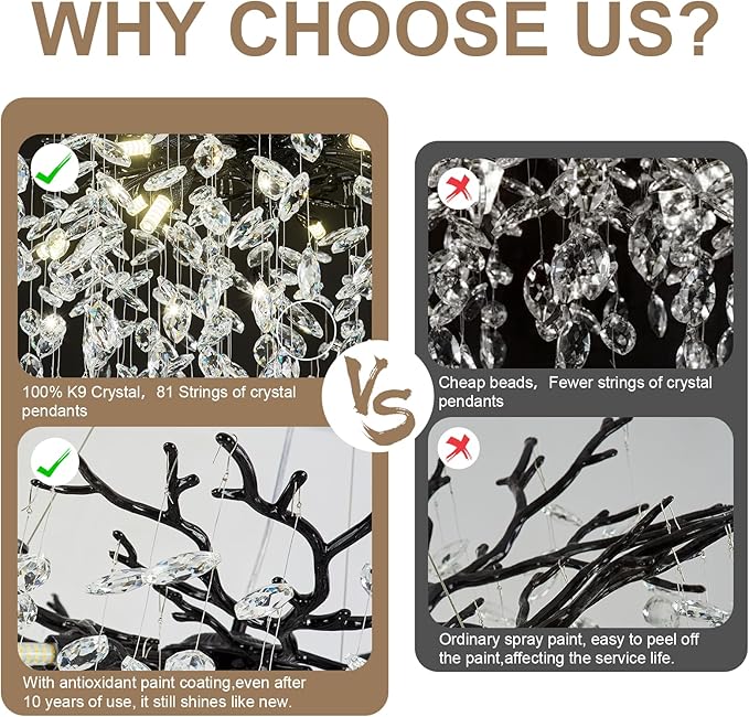 Modern Crystal Black Chandelier, 47" Large Rectangular Tree Branch Chandeliers for Dining Room Over Table,Living Room,High Ceiling,Kitchen Island,Foyer,Staircase, Crystals Ceiling Light Fixtures