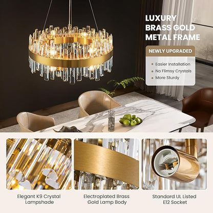 Modern Crystal Chandelier for Dining Room, 12-Light Luxury Gold Flush Mount Crystal Ceiling Light 2-Tiers K9 Crystal Raindrop Chandelier for Living Room Kitchen Entryway Foyer D23.6''