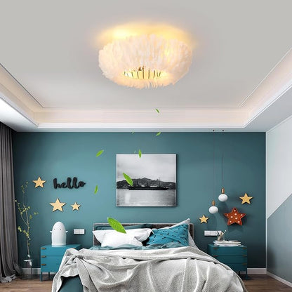 20" Modern Ceiling Fans with Lights and Remote Control，White Feather Chandeliers Stylish Low Profile Ceiling Fan for Bedroom, Living Room and Small Spaces,Featuring Reversible Motor, 6 Speeds