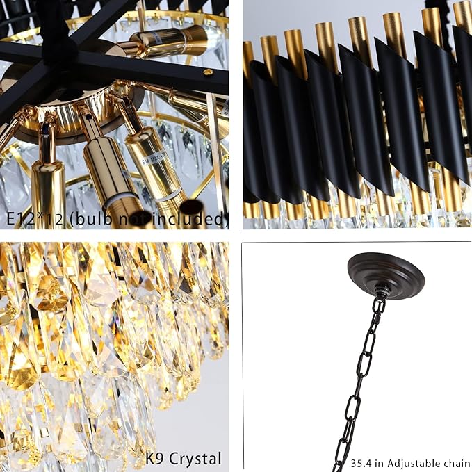 Modern Chandelier Gold and Black Chandeliers 5-Tier Chandelier Crystal Round Hanging Crystal Pendant Light Fixture for Dining Room Bedroom Living Room Foyer Farmhouse W24in 12 Lights