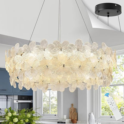 32'' Modern LED Crystal Chandelier Large Flower Light Fixture Black Dimmable 3000-6500K Contemporary Chandeliers with Remote Control Luxury for High Ceiling Foyer Living Room Bedroom Entryway