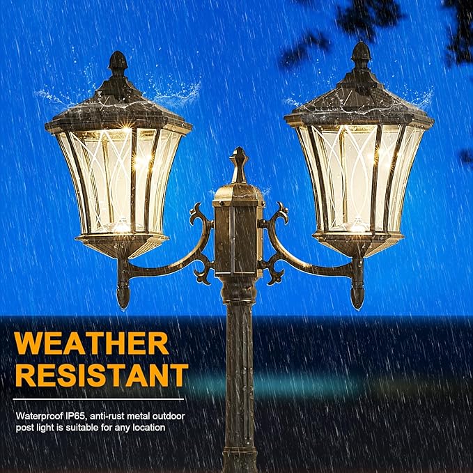 2-Head Outdoor Solar Lamp Post Lights with Waterproof, Dusk to Dawn Sensor Large Lantern Street Lights, Modern Solar Column Pole Light Fixtures for Outside, Garden, Driveway, Backyard, Black