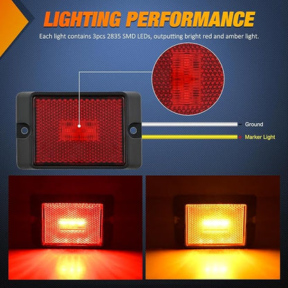 Nilight Side Marker Light 4PCS Square 3LED Red Amber Front Rear Clearance Indicator Lights Reflective Lens Surface Mounted Waterproof for 12V Truck Trailer RV Boat