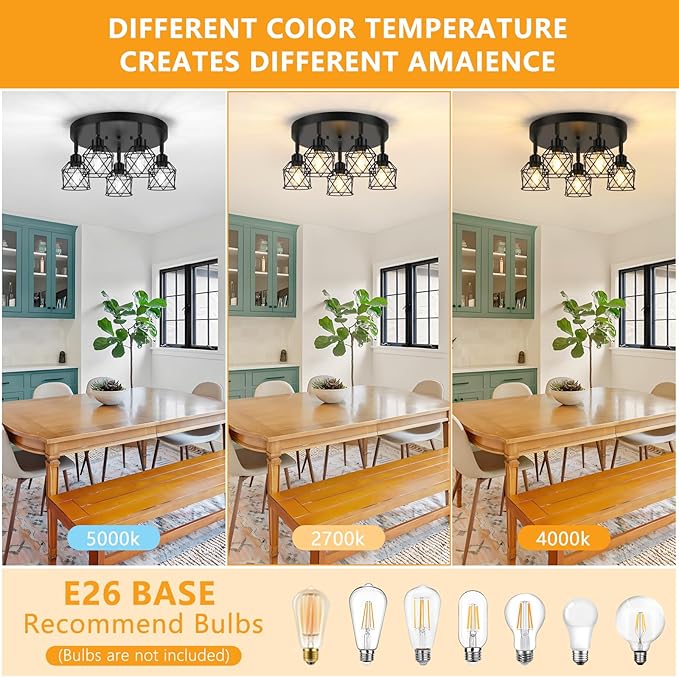 Baocuz 5-Light Adjustable Kitchen Light Fixtures, Multi-Directional Black Ceiling Light Fixtures, Semi Flush Mount Ceiling Light, Vintage Metal Cage Spotlight Fixture for Hallway Dining Room Entryway