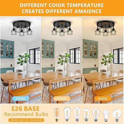 Baocuz 5-Light Adjustable Kitchen Light Fixtures, Multi-Directional Black Ceiling Light Fixtures, Semi Flush Mount Ceiling Light, Vintage Metal Cage Spotlight Fixture for Hallway Dining Room Entryway
