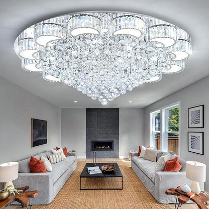 47" Silver Modern Crystal Chandeliers for Dining Room LED Dimmable Light Fixtures Flush Mount Light Living Room Bedrooms