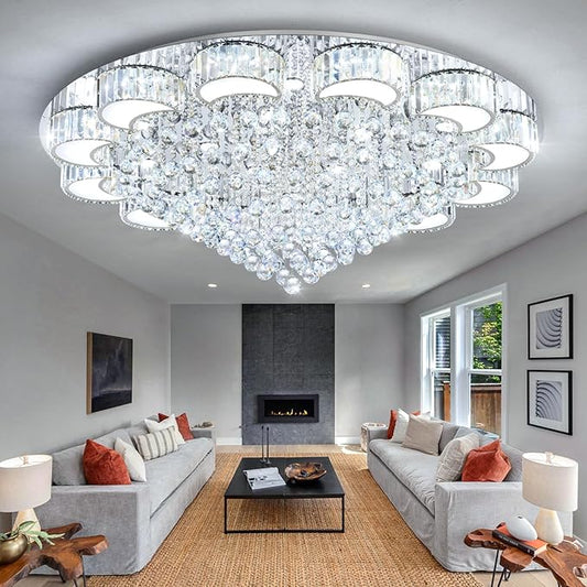 47" Silver Modern Crystal Chandeliers for Dining Room LED Dimmable Light Fixtures Flush Mount Light Living Room Bedrooms