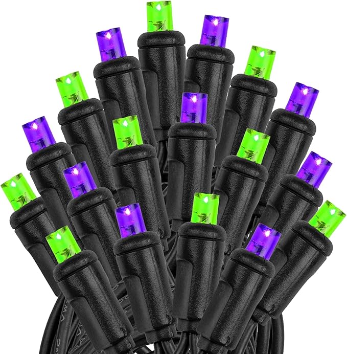 Novelty Lights 25ft Christmas String Lights, 50 Purple/Lime LED Bulbs on Black Wire, 6" Spacing, Connectable Indoor Outdoor Commercial Grade Lighting for Holidays Patio Weddings