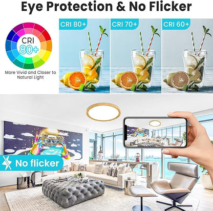 libtit 2 Pack 12Inch Wooden LED Flush Mount Ceiling Light, 28W 3200lm Adjustable 3000K-6500K Color Temp | Round Lamp for Bathroom/Shower/Hallway/Kitchen