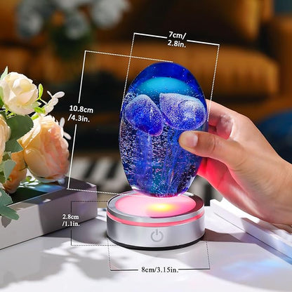 Hand Blown Glass Jellyfish Lamp - Ocean Themed Crystal Ball Desk Decor with LED Light, Aquarium & Beach Room Decoration, Collectible Figurine Paperweight Gift for Women (Blue)