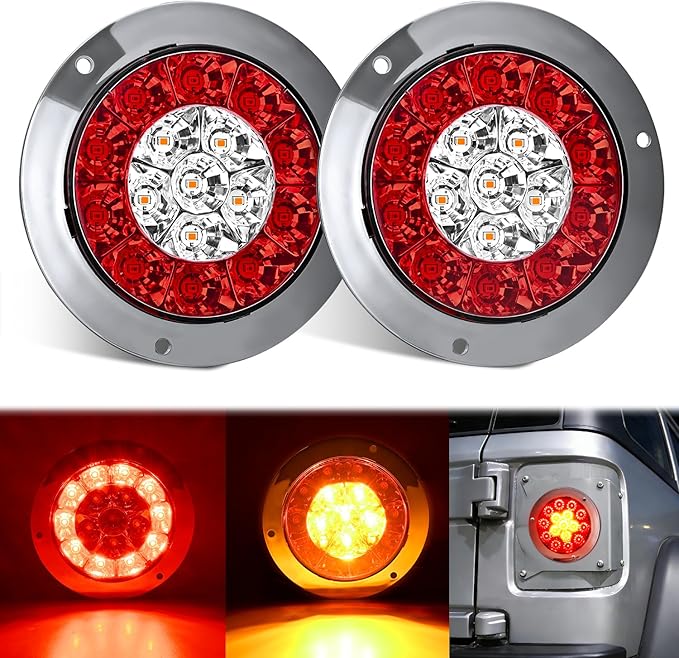 Nilight Trailer Tail Light 2PCS 4Inch Round 16 LED Red Amber Chrome Frame Marker Clearance Stop Brake Turn Signal Running Taillight IP67 Waterproof for Trailer Truck Pickup Camper RV