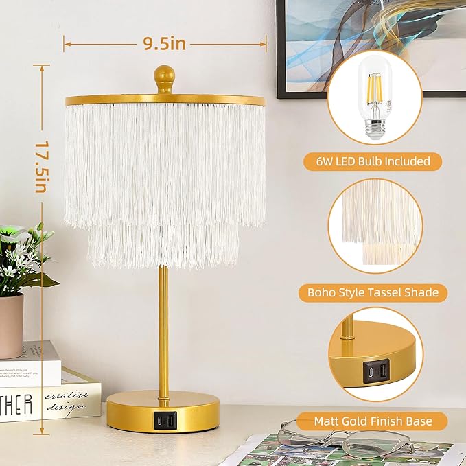 Lovlast Boho Lamp for Bedroom, 3-Way Dimmable Bedside Touch Lamp with USB Charging Port, Gold Table Lamp, Fringe Boho Table Lamp for Living Room, Teens Room, Dresser, Nightstand, LED Bulb Included