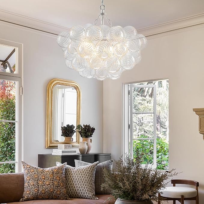 Hand Blown Glass Bubble Ball Chandelier White Finish 20" Small Pendant Lights Art Deco Cluster Swirled Ribbed Globe Blown Glass Chandeliers for Dining Room Bathroom Entry Bedroom