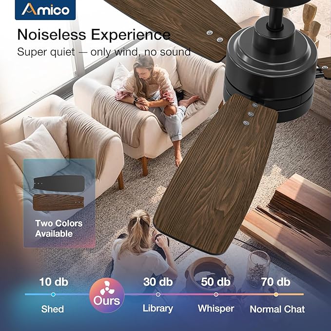 Amico Ceiling Fans with Lights, 44 inch Ceiling fan with Light and Remote Control, Reversible, 3CCT, Dimmable, Noiseless, Small Black Ceiling Fan for Bedroom, Indoor/Outdoor Use