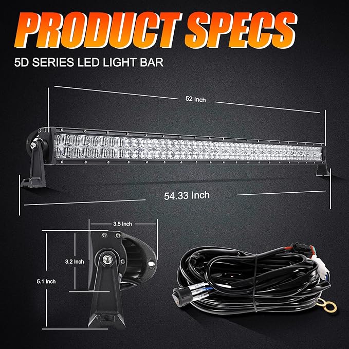 Auxbeam 50 Inch LED Light Bar, 288W Spot Flood Combo Beam Bar, 5D Series Work Driving Light for Car Jeep Off Road SUV UTV ATV Pickup Truck with Wiring Harness