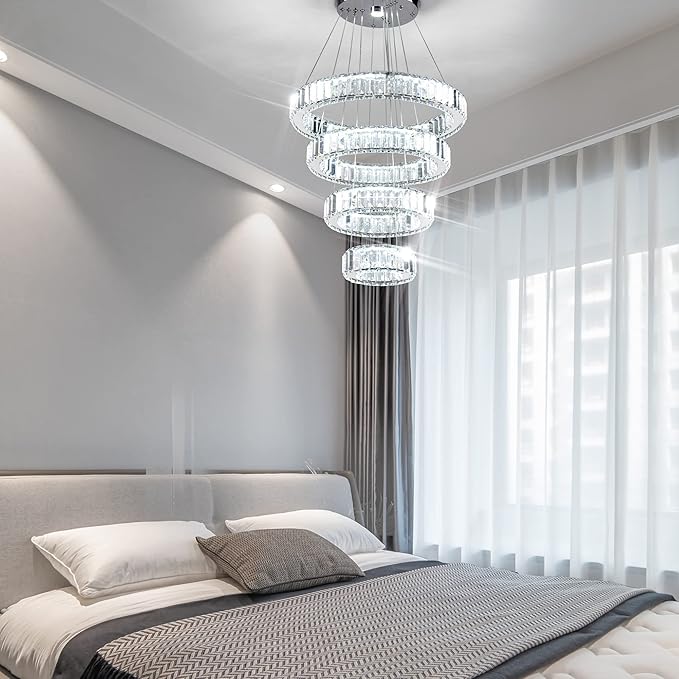 Modern Crystal Chandelier LED Pendant Light 4 Ring Chandelier LED Crystal Chandeliers for Dining Room Bedroom Living Room Cool White Dia 7.9"-11.8"-15.7"-19.7"